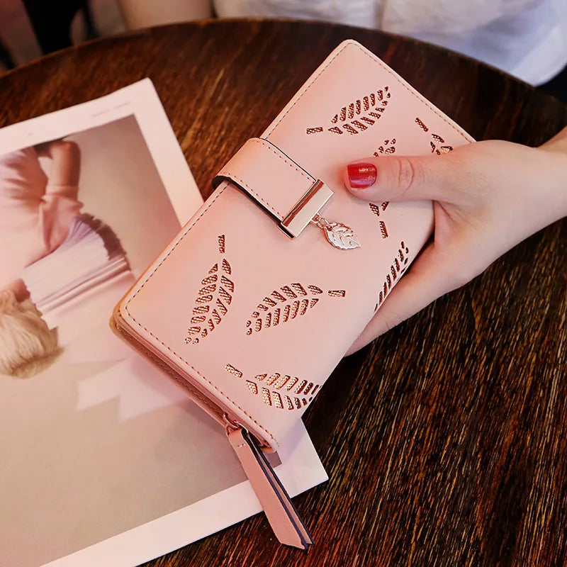 Ladies Fashion Wallet PU Leather Phone Purse Female Hollow Leaves Pouch Clutch Handbag For Women Coin Card Holders Long Wallets