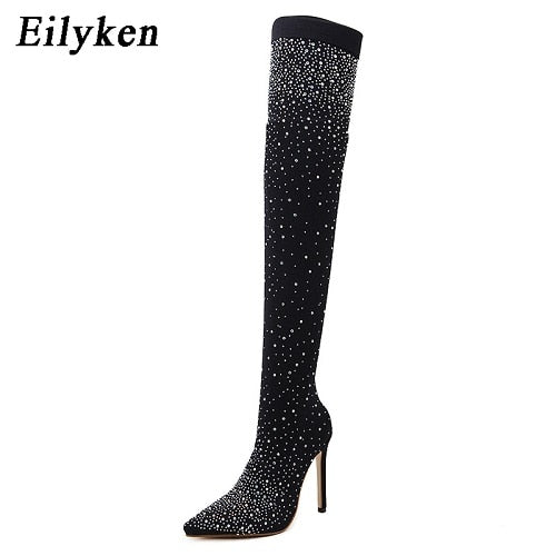 Runway Kristall Stretch Stoff Socke, Over-the-Knie Stiefel Oberschenkel Hohe Zehenspitze