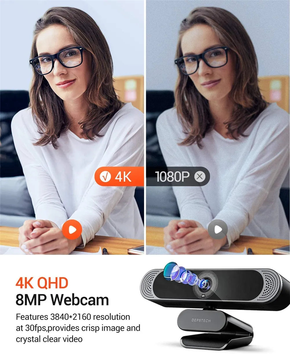4K 8MP HD-Webcam mit geräuschunterdrückendem Mikrofon/Sichtschutzabdeckung/Stativ Plug-Play-USB-Webkamera für Besprechungsvideos