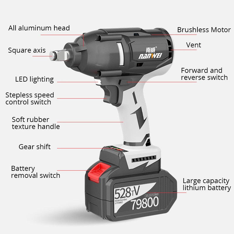 Echter 600 Nm kabelloser elektrischer Schraubenschlüssel, 21 V, industrieller bürstenloser Schlagschrauber für Reifenwechsel / Autoreparatur