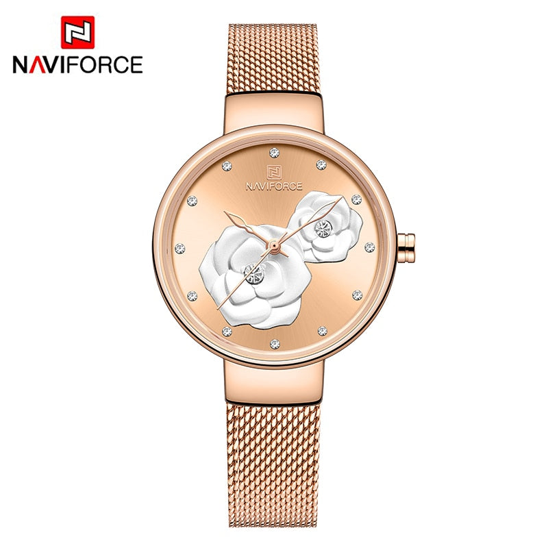 Luxus Marke NAVIFORCE Damenuhr, Mode Kreative 3D Rose wasserdichte Business armbanduhren