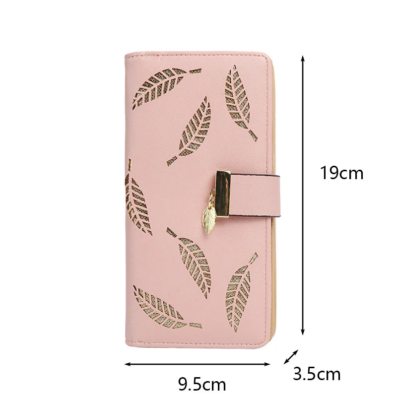 Ladies Fashion Wallet PU Leather Phone Purse Female Hollow Leaves Pouch Clutch Handbag For Women Coin Card Holders Long Wallets