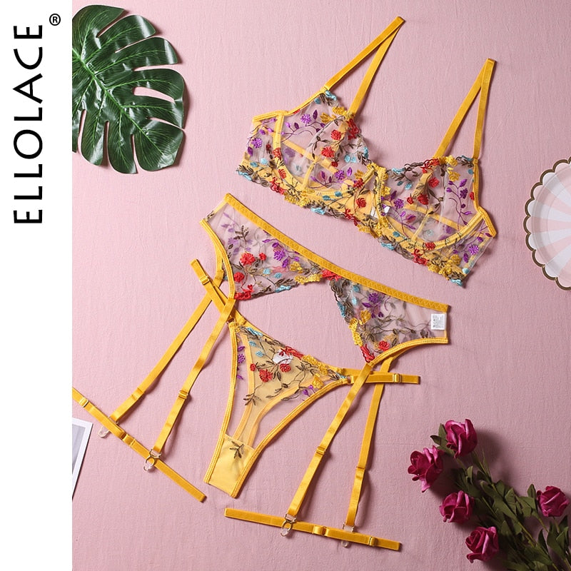 Ellolace Dessous, sinnliche Spitzenunterwäsche, transparente Stickerei, 3-teilige Strumpfbänder