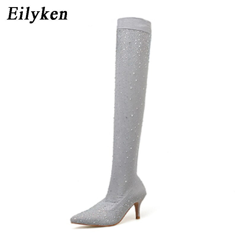 Runway Kristall Stretch Stoff Socke, Over-the-Knie Stiefel Oberschenkel Hohe Zehenspitze