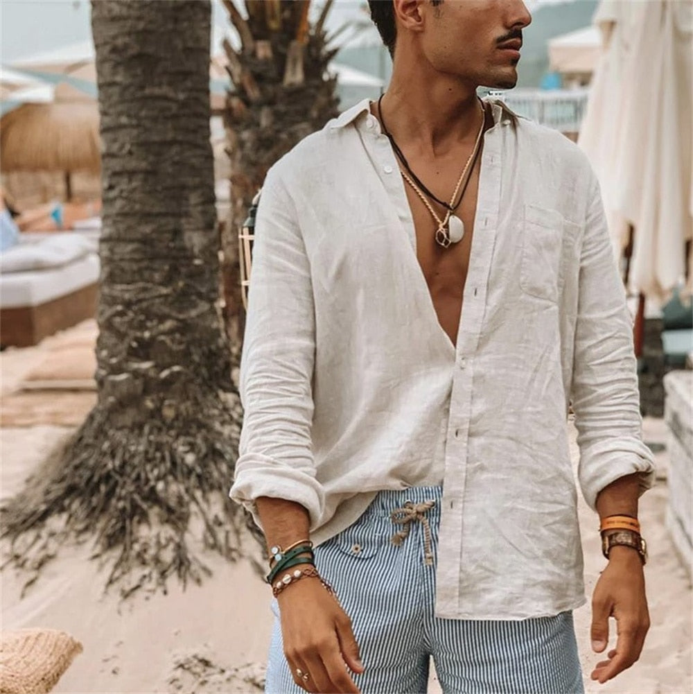 Einfarbig Herren Casual Baumwolle Leinen Shirts-Stehkragen, Frühling - Herbst Shirts mit langen Ärmel