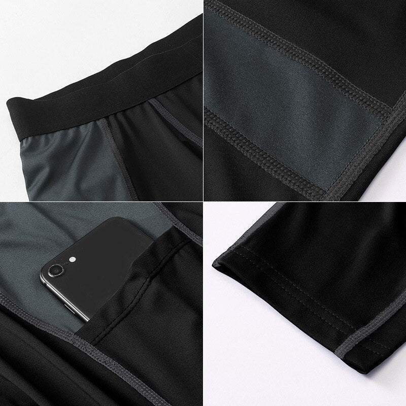 Männer Patchwork Kompression Laufhose inkl. Telefontasche, Elastische Fitness Leggings