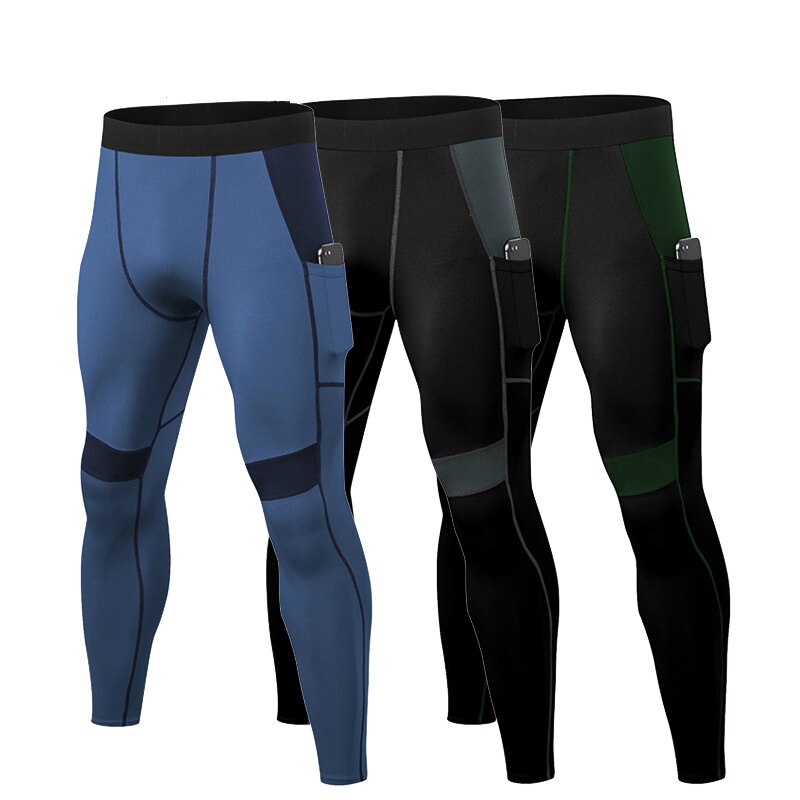 Männer Patchwork Kompression Laufhose inkl. Telefontasche, Elastische Fitness Leggings