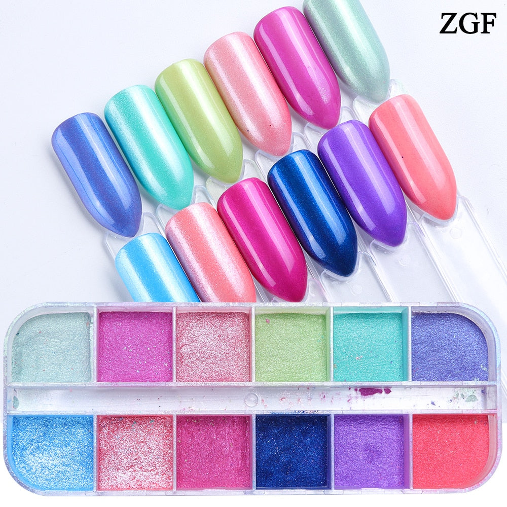 12 Gitter Perlweiß Chrom Nagel, Pigment UV Gel Nagellack