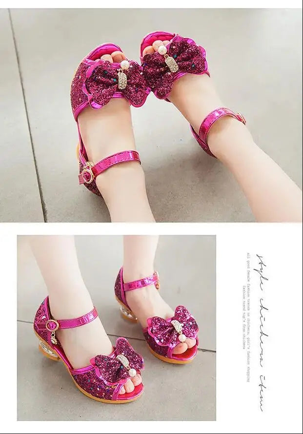 Girls Sandals Summer 2021 New Children's Princess Shoes Little Girls High-heeled Bow-knot Crystal Sandals Party Dress Wedding