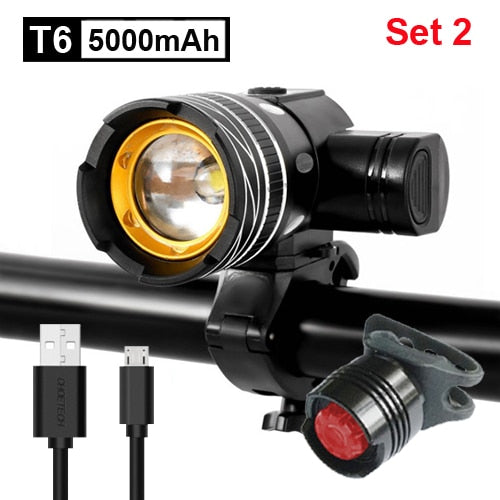 5000 mAh Fahrradlicht-Set T6 USB wiederaufladbarer Akku, verstellbarer Zoom, Fahrrad-Frontscheinwerfer, Fahrradlampe mit Rücklicht