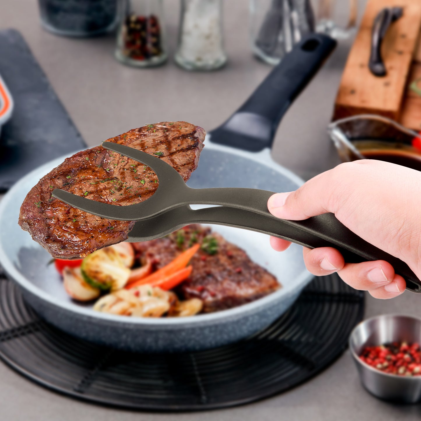 2-in-1-Flip-Zange mit Nylongriff, Eierspatel, Zange, Steakspatel, Klemme