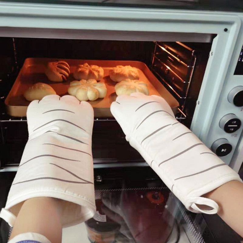 Ofenhandschuhe mit Cartoon-Motiv, 3D-Katzenpfoten, hitzebeständig, rutschfest, Backhandschuhe, lange Baumwoll-Küchen- und Mikrowellen-Isolierhandschuhe
