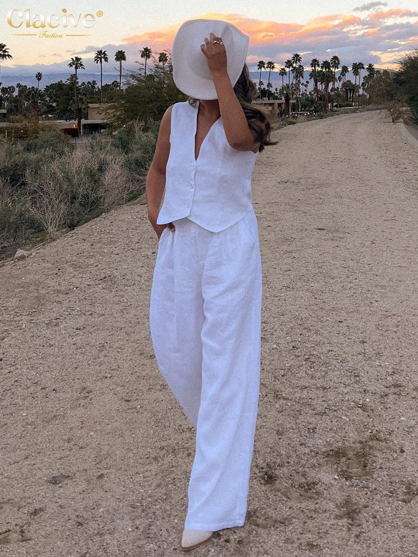 Zwei Stück Set Sommer Leinen für Frauen, 2023 Mode Ärmelloses Tank Top neu in Passenden Hohe Taille; Breite Hosen Set