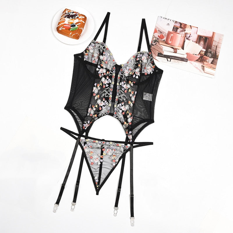 Frauen Sexy Mesh Korsett Dessous, Blumen Stickerei einteiliges Kleidungsstück, Damen G-string Body Unterwäsche mit Strumpfbänder