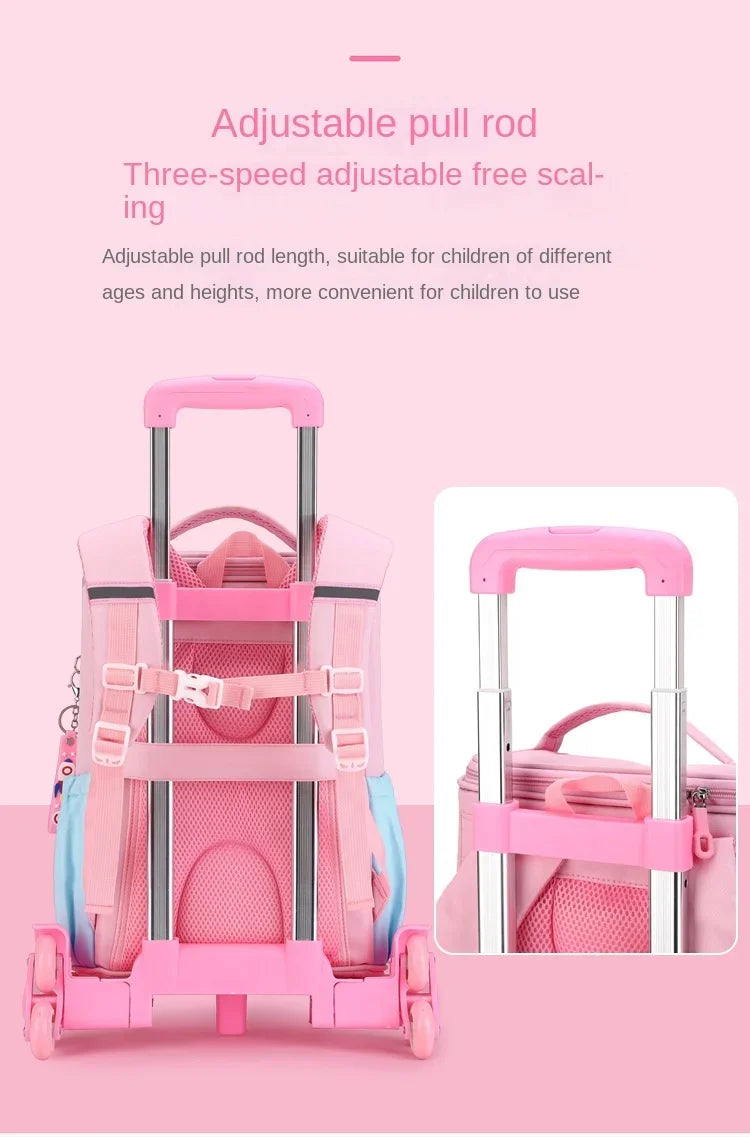 Children's Fashion Cartoon School Bags with 6 Wheels Trolley Backpack Teenagers Girls Rolling Backpack Students Kids Backpack