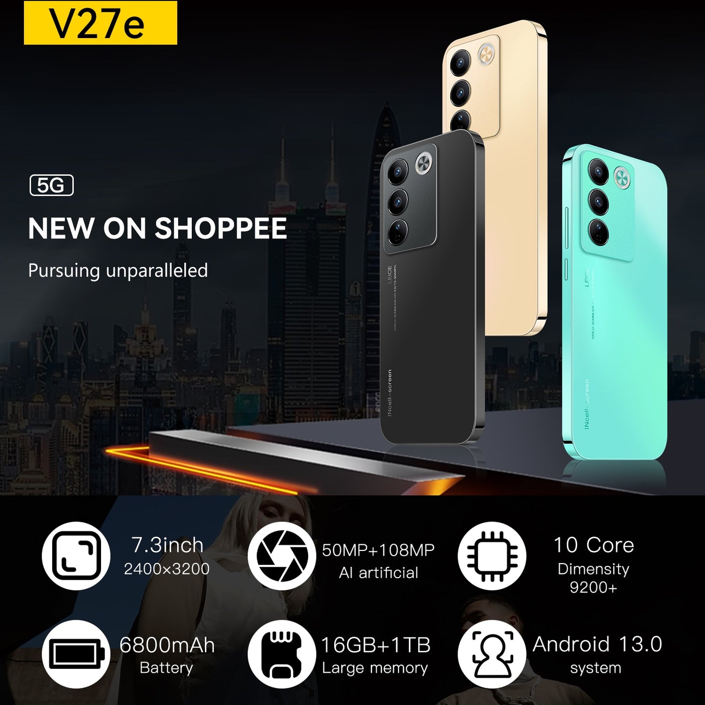 V27E neues Android Smartphone, Dual Sim 6800 mAh 7,3 HD-Bildschirm Handy Pro, globale Version 5G Original Mobiltelefone