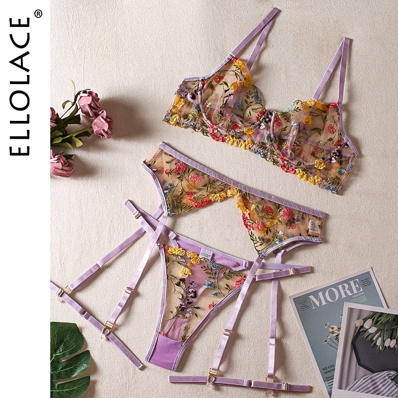 Ellolace Dessous, sinnliche Spitzenunterwäsche, transparente Stickerei, 3-teilige Strumpfbänder