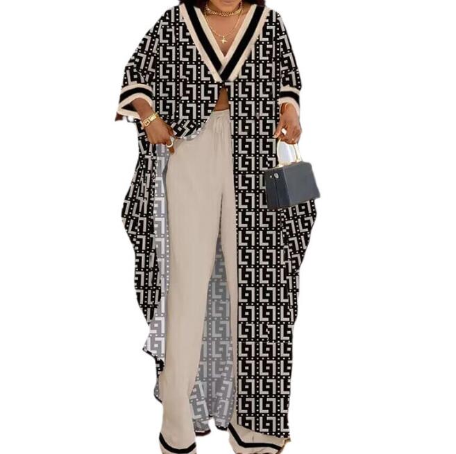 Langes Top mit kontrastierender Spitze und hohem Schlitz mit Hosen-Set
