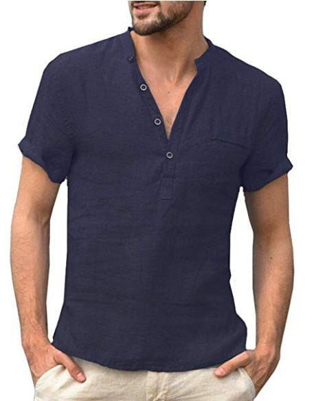 Einfarbig Herren Casual Baumwolle Leinen Shirts-Stehkragen, Frühling - Herbst Shirts mit langen Ärmel