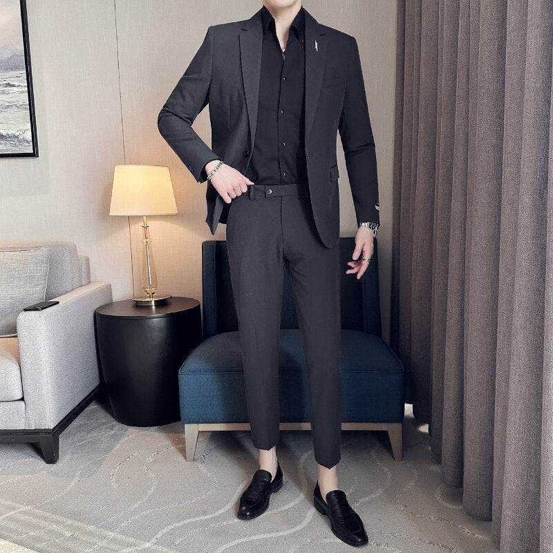 2023 Lässiger zweiteiliger Anzug für Herren mit neuer Textur, hochwertiger Slim-Fit-Anzug mit Jacke und Hose, strukturierter Slim-Fit-Anzug