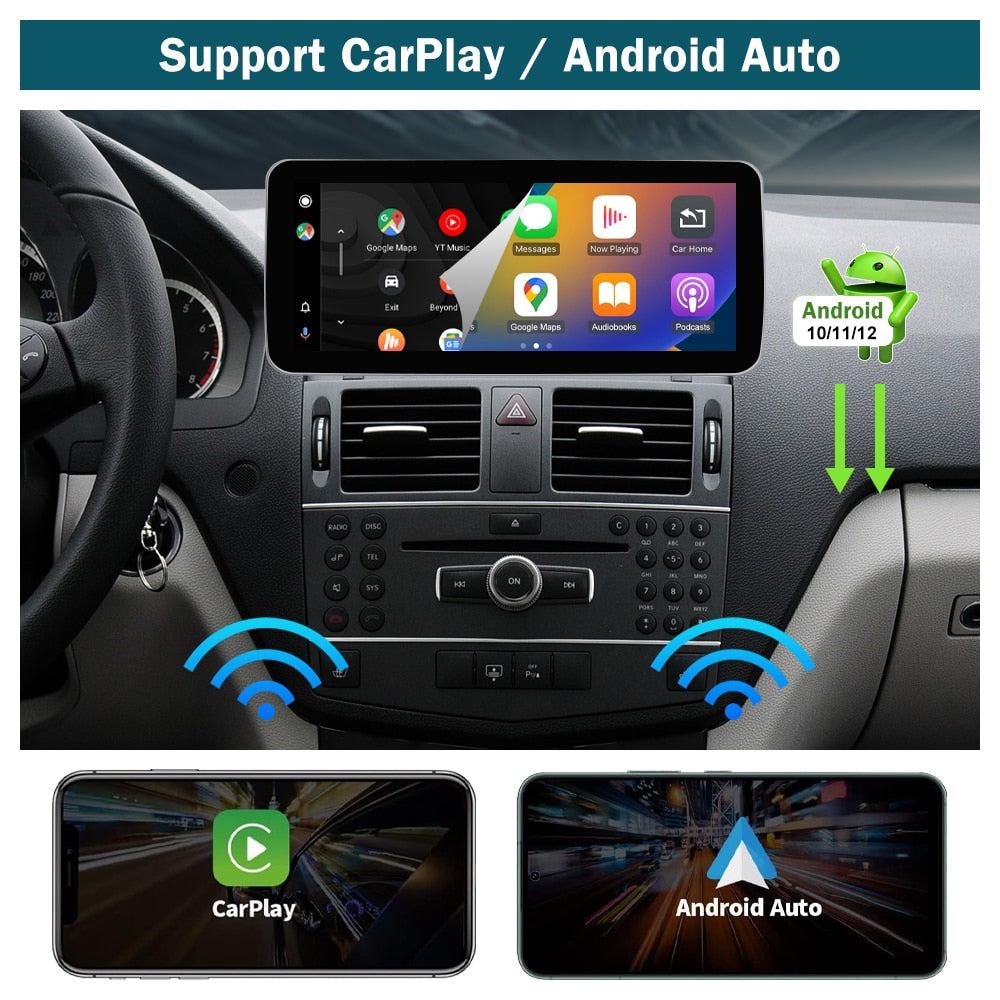 10,25" Qualcomm Android 12 8G Autoradio GPS Navigation Bluetooth WiFi Head Unit Bildschirm für Mercedes Benz C, Klasse W204 2008-2010