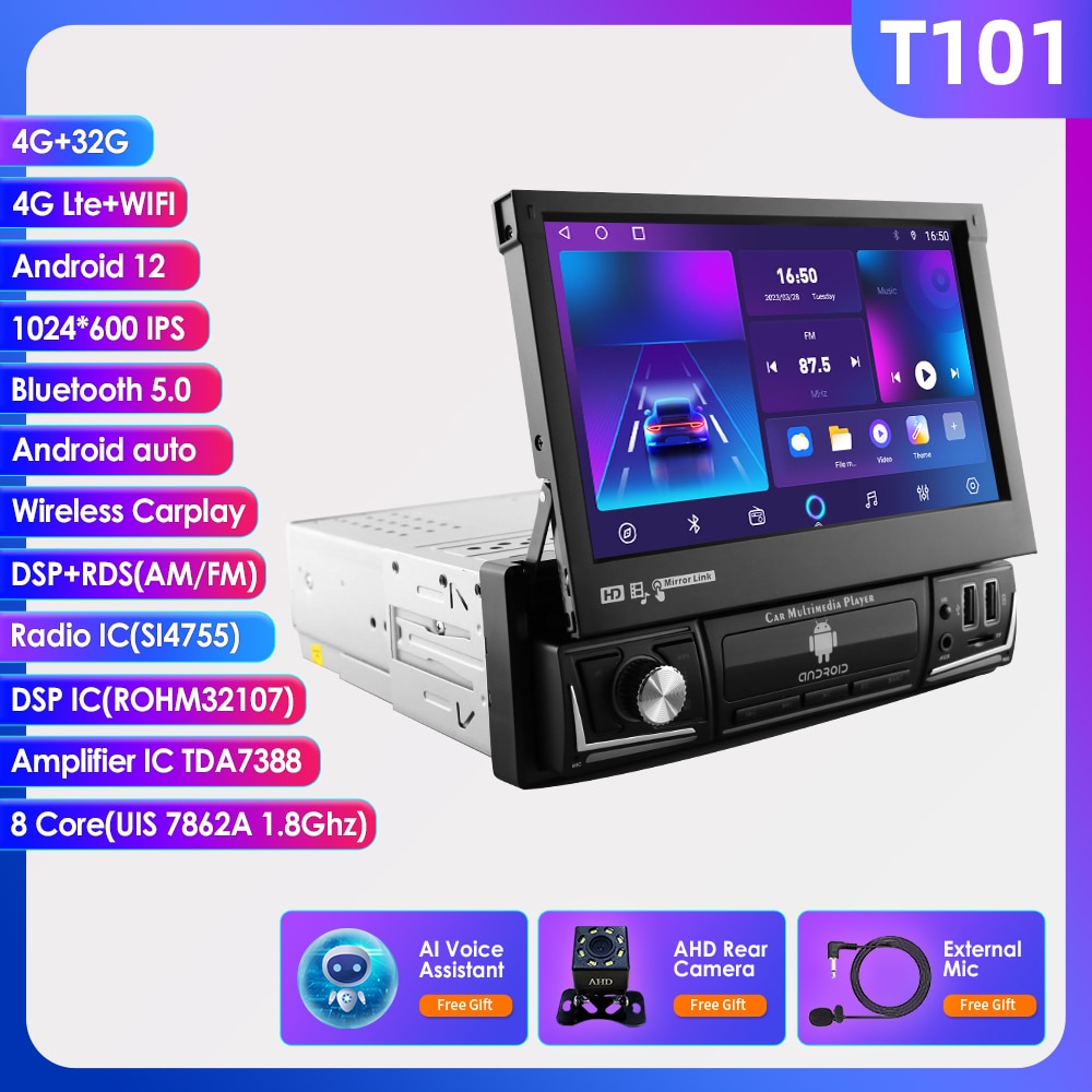 Hizpo Android 12 Universal 1din Autoradio, CarPlay GPS Navigation, Multimedia Player 1 Din Stereo 7 Zoll manuell einziehbarer Bildschirm