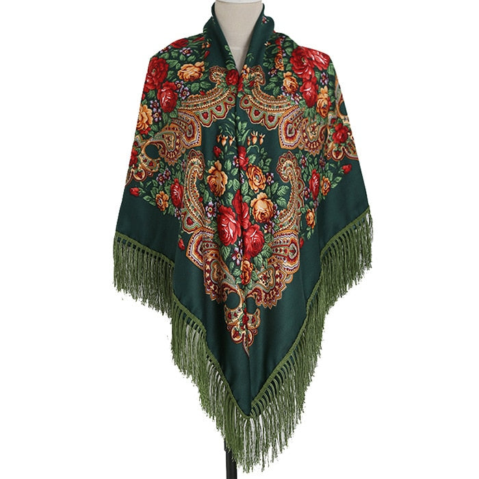 160 cm Frauen Russische Nationale Babuschka Schal, Quaste Blumendruck, Baumwolle Kopftuch