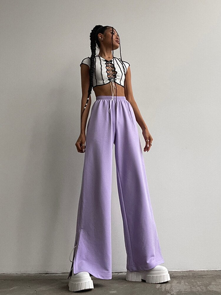 Damen Breite Bein Hosen für den Sommer & Frühling, Lose Jogginghose Chic Split Hohe Taille