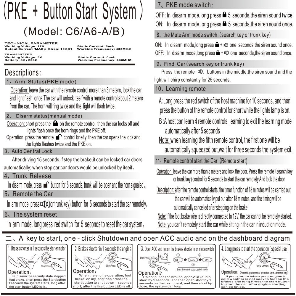 12V Universal Autoschlüsselloses Zugangssystem, Motor Start Alarm System Ein-Knopf Start/Stopp System, Fernstarter Stop