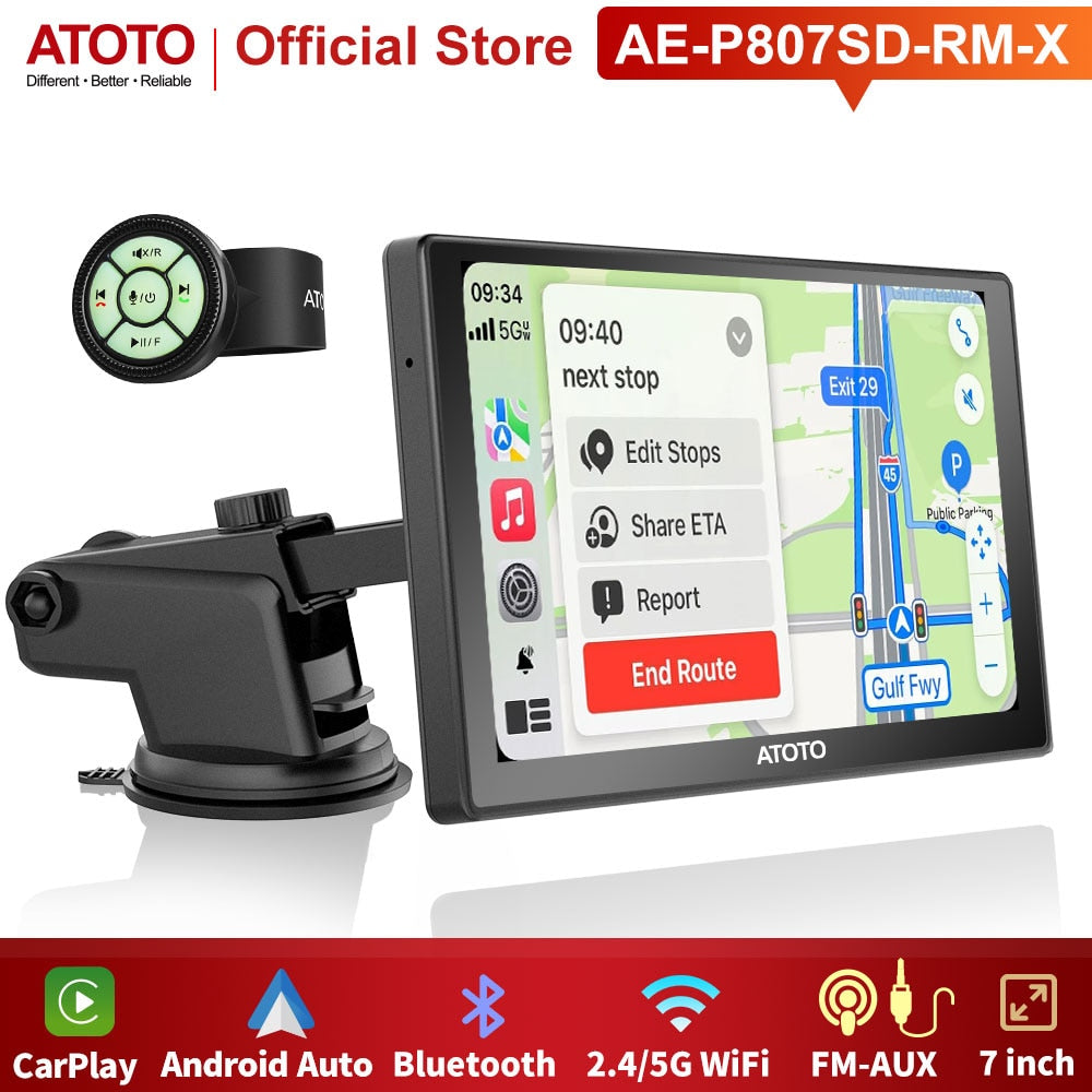 ATOTO P8 RM 7'' Tragbares Autoradio mit Fernbedienung, kabelloses CarPlay, Android Auto QLED, blendunterdrückender Bildschirm, GPS-Autoradio