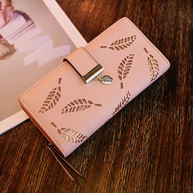Ladies Fashion Wallet PU Leather Phone Purse Female Hollow Leaves Pouch Clutch Handbag For Women Coin Card Holders Long Wallets