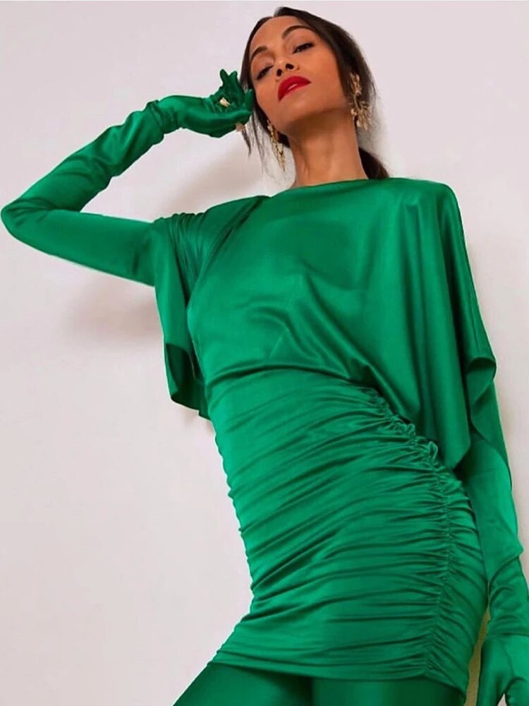Fashion Streetwear Damenkleid für besondere Anlässe, sexy V-Ausschnitt, drapiertes Design, grünes, schlankes, dünnes Minikleid mit Handschuhen