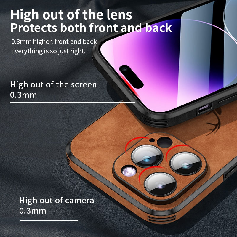 Luxus Hirsch Leder Telefon Fall Für iPhone 14, 13, 12 Pro Max Objektivglas Stoßfest Silikon Handy Abdeckung