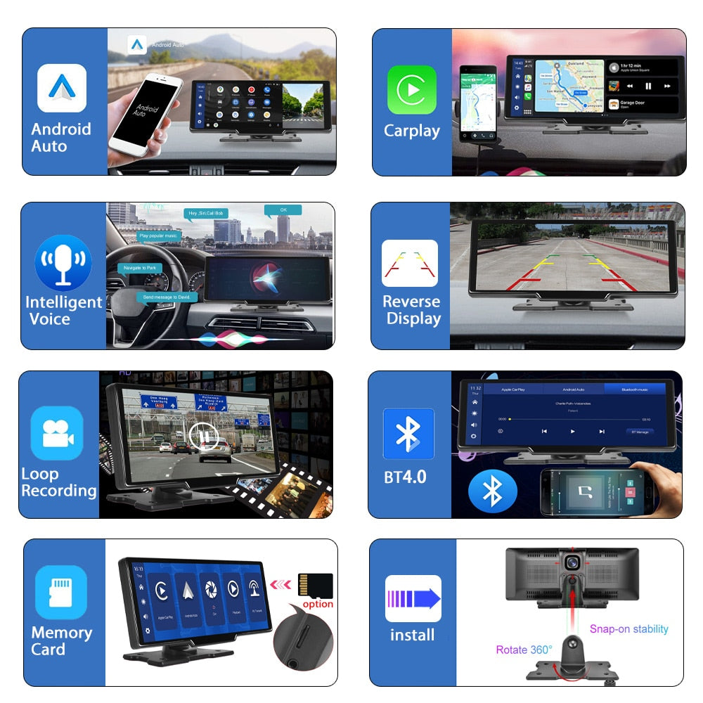 Podofo Autospiegel-Videoaufzeichnung Carplay, Android Auto Wireless-Verbindung GPS-Navigation Dashboard DVR mit AI Voice