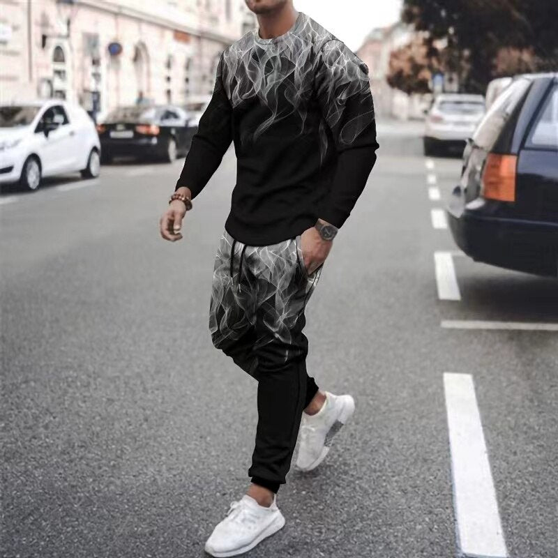 Herren langarm T-Shirt mit Flamme Muster, Sommertrend mit langer Hose