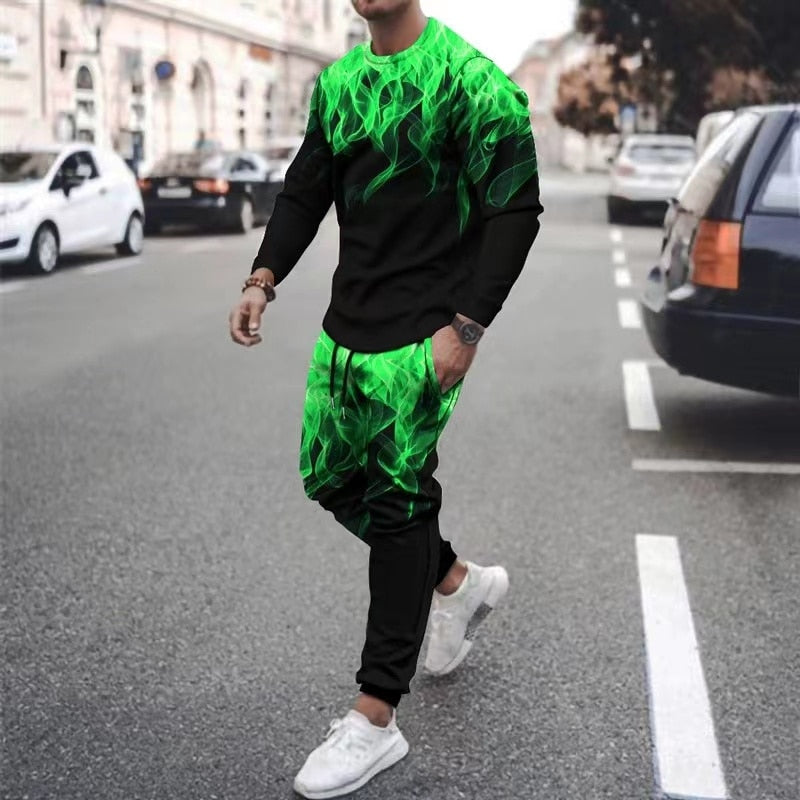 Herren langarm T-Shirt mit Flamme Muster, Sommertrend mit langer Hose