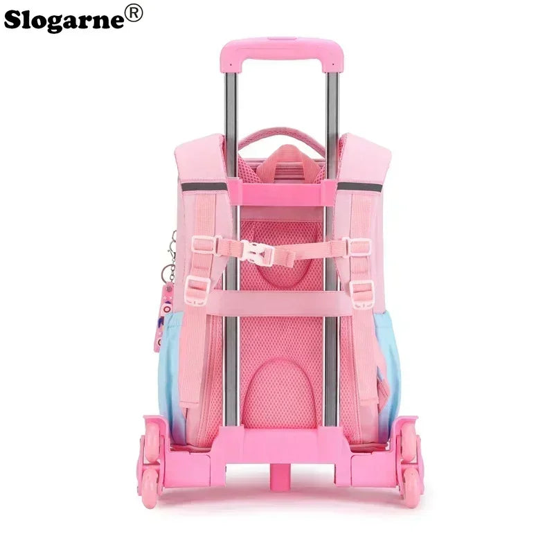 Children's Fashion Cartoon School Bags with 6 Wheels Trolley Backpack Teenagers Girls Rolling Backpack Students Kids Backpack