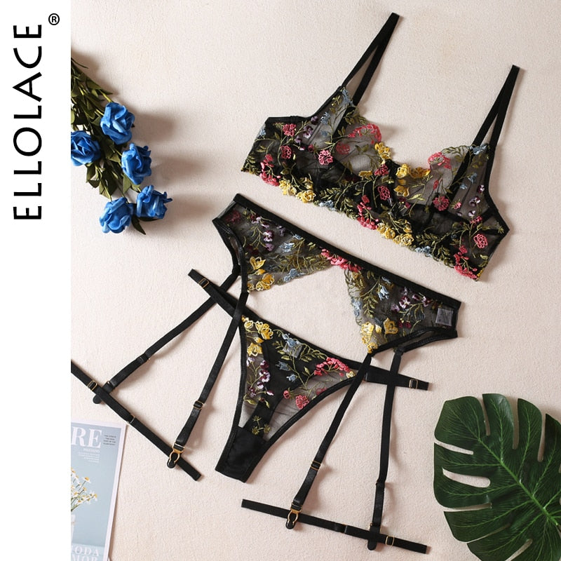 Ellolace Dessous, sinnliche Spitzenunterwäsche, transparente Stickerei, 3-teilige Strumpfbänder