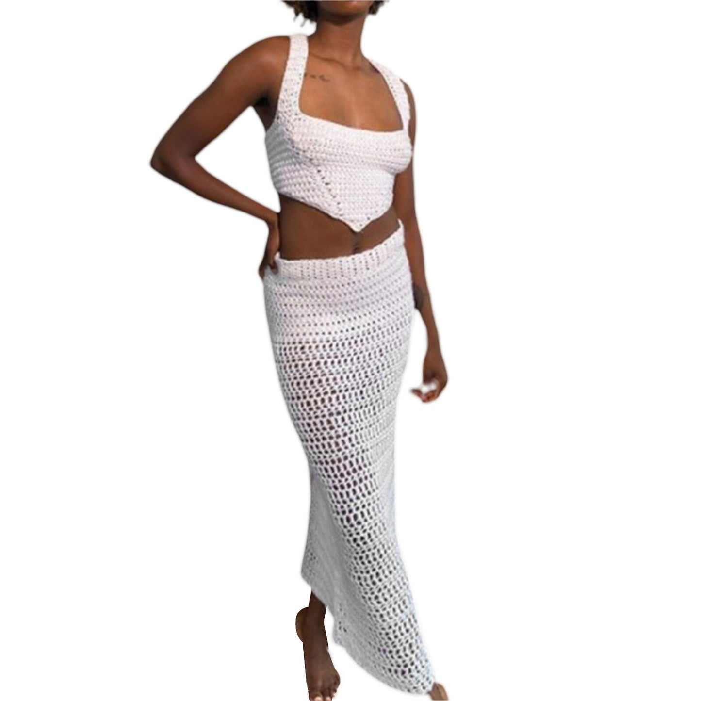 Zweiteilige Damen-Outfits, ärmellos, quadratischer Ausschnitt, rückenfrei, unregelmäßiger Saum, kurze Oberteile + langer Rock mit niedriger Taille