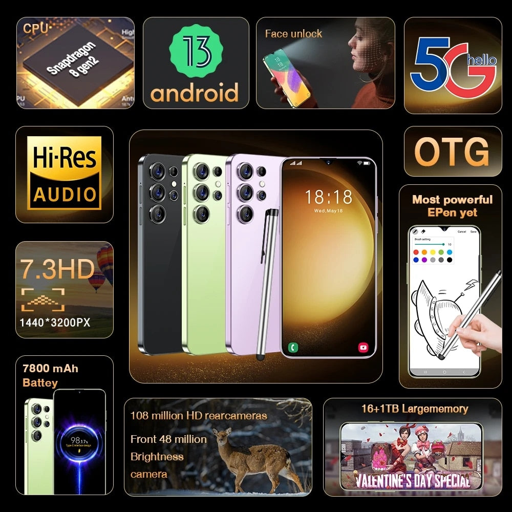 2023 neues heißes S23 Ultra Smartphone 7,3 Zoll Vollbild 4G 5G Telefon 16 TB + 1 TB 7800 mAh, Dual-Nano-SIM-Karte