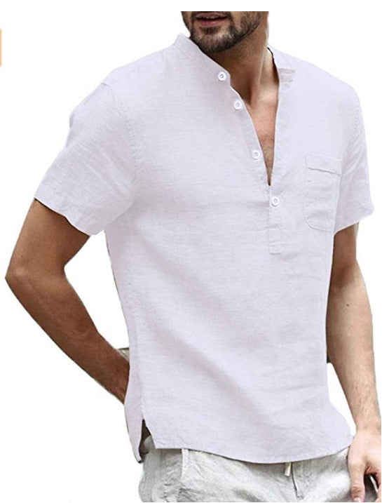 Einfarbig Herren Casual Baumwolle Leinen Shirts-Stehkragen, Frühling - Herbst Shirts mit langen Ärmel
