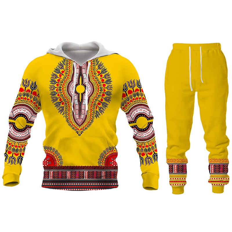 Herren 3D Druck Folk Hoodies Hosen, 2 Stück Sets Herren Freizeitanzug, Langarm Ethnischen Stil Afrikanische Kleidung