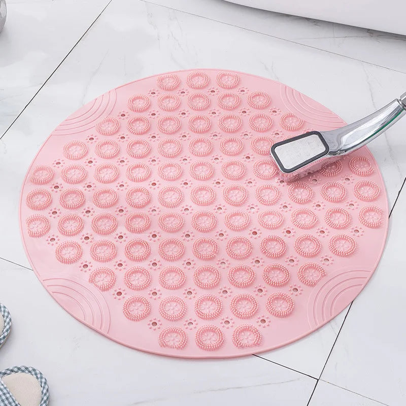 Badematte mit Antirutsch-Saugnäpfen, Runde PVC-Badematte mit Abflussloch & Fußmassagepad
