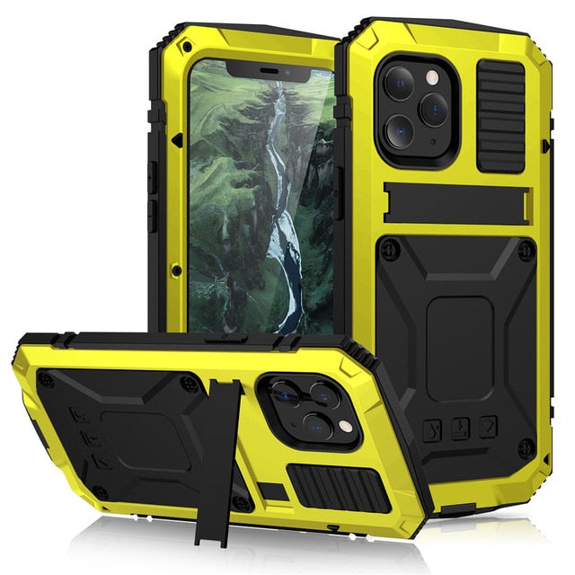Ständer-Telefonhülle für iPhone 12 Pro Max, Mini XS, Max XR, staubdicht, stoßfest, gehärtetes Glas, Metallabdeckung für iPhone 11 Pro Max