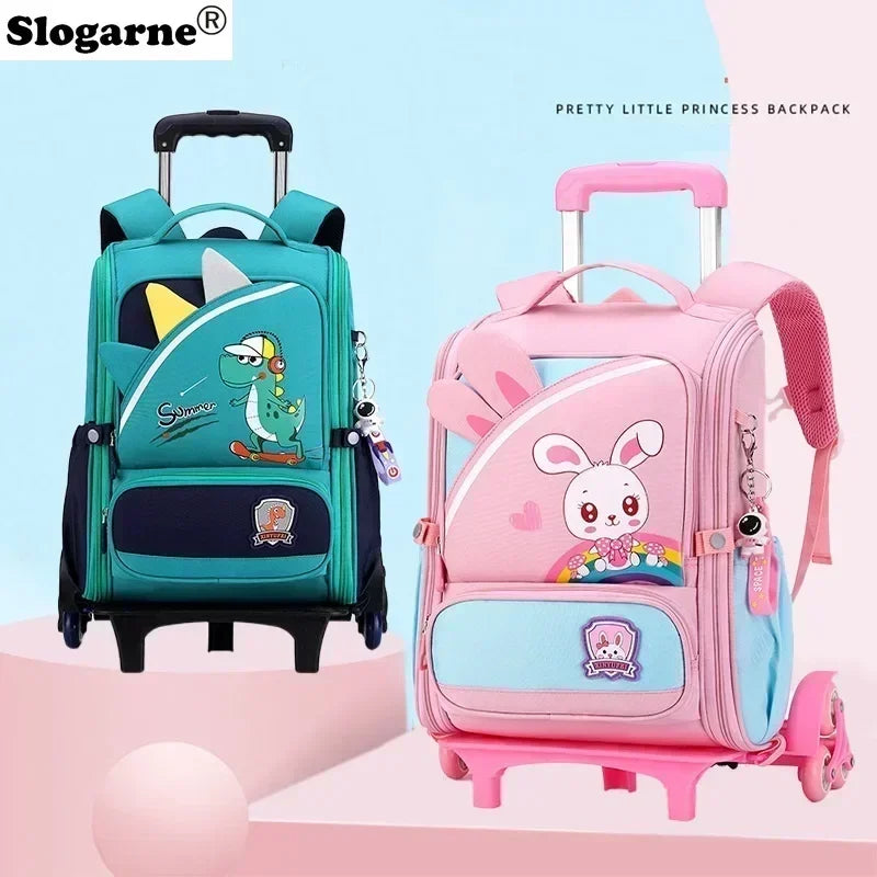 Children's Fashion Cartoon School Bags with 6 Wheels Trolley Backpack Teenagers Girls Rolling Backpack Students Kids Backpack