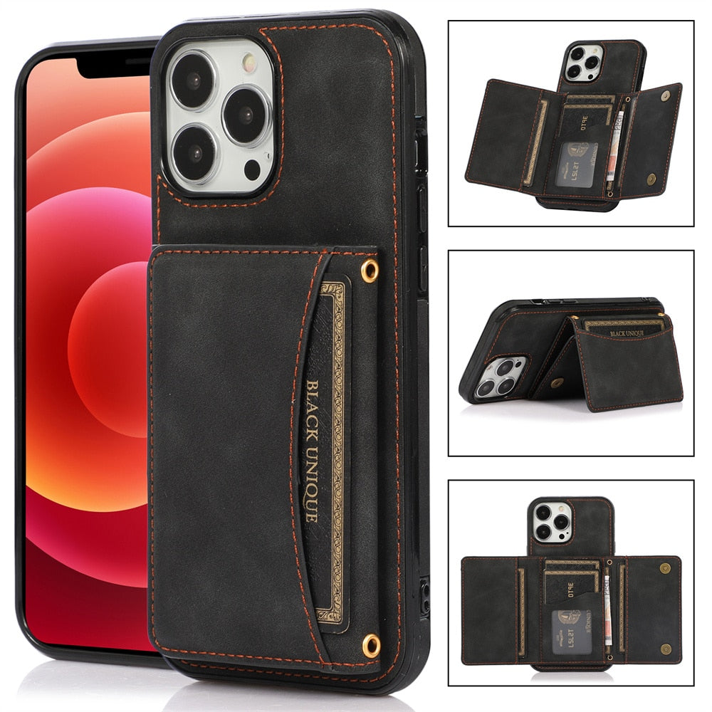 Retro gefaltete matte Leder-Wallet-Hülle für iPhone 14 Plus, 13, 12, 11 Pro Max mit Kartenhalter Slots