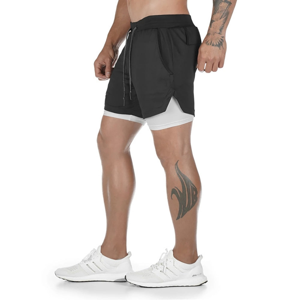 2 In 1 Doppel-deck Herren Laufshorts für Gym / Fitness, Training Jogging mit Handytasche