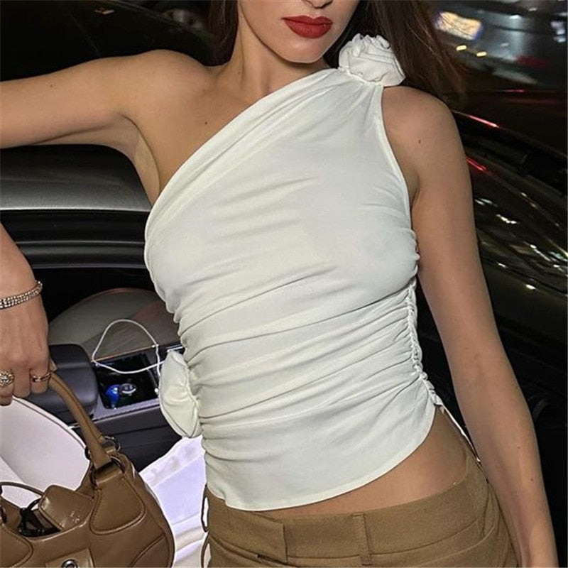 Halter Schulter Tank Tops für Frauen, Sommer Sexy Ärmellose 3D Rosette Geraffte Tops, Elastische Baumwolle Weste Crop Tops