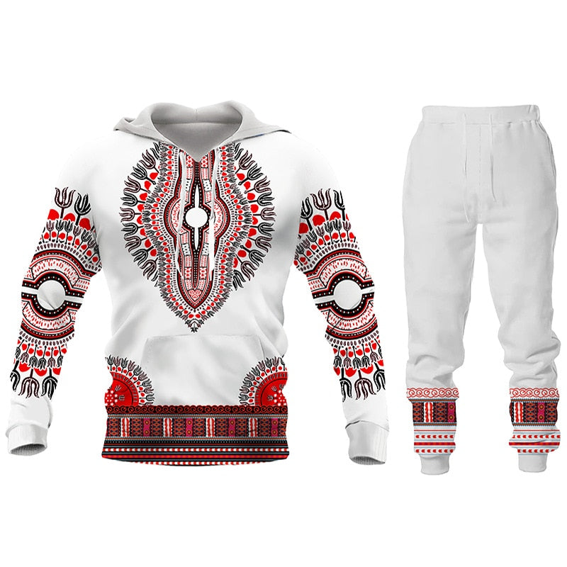 Herren 3D Druck Folk Hoodies Hosen, 2 Stück Sets Herren Freizeitanzug, Langarm Ethnischen Stil Afrikanische Kleidung