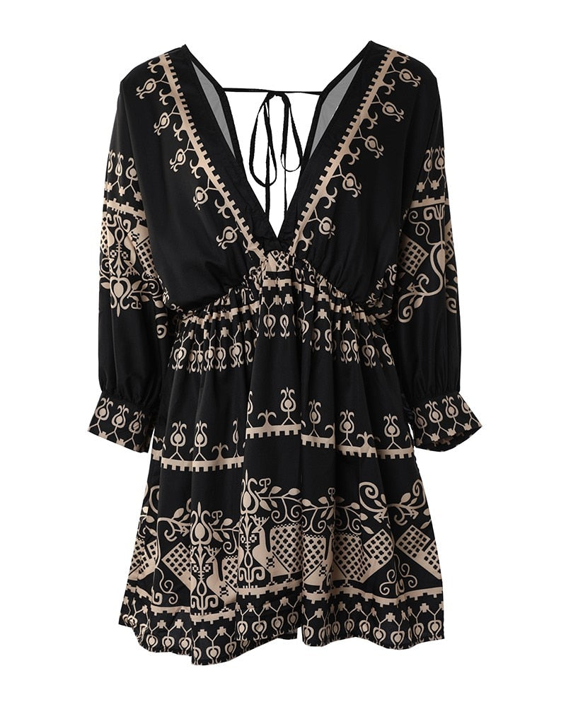 Tribal-Print-Sommerkleid mit V-Ausschnitt, Laternenärmel, Swing-Partykleid, hohe Taille